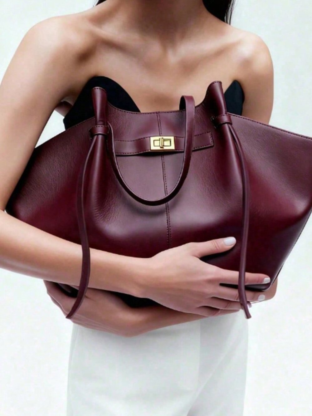Burgundy Casual Women's Plain Splicing Double Handle Shoulder Tote Bag